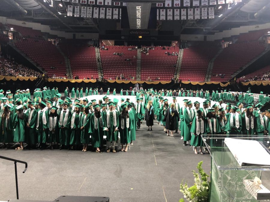 WJs Class of 2019  prepares for the start of their graduation ceremony. The Class of 2020 did not get to have a lot of the typical senior events because of COVID-19, and probably will not get a proper graduation either.