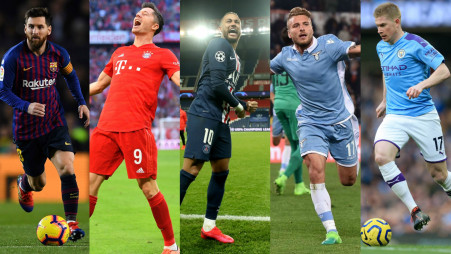 These were the best players in Europes top five leagues last season. From left to right Leo Messi of Barcelona in Spain, Robert Lewandowski of Bayern Munich in Germany, Neymar of PSG in France, Ciro Immobile of Lazio in Italy and Kevin De Bruyne of Manchester City in England. All of these players are expected to star in their respective leasgues this season.