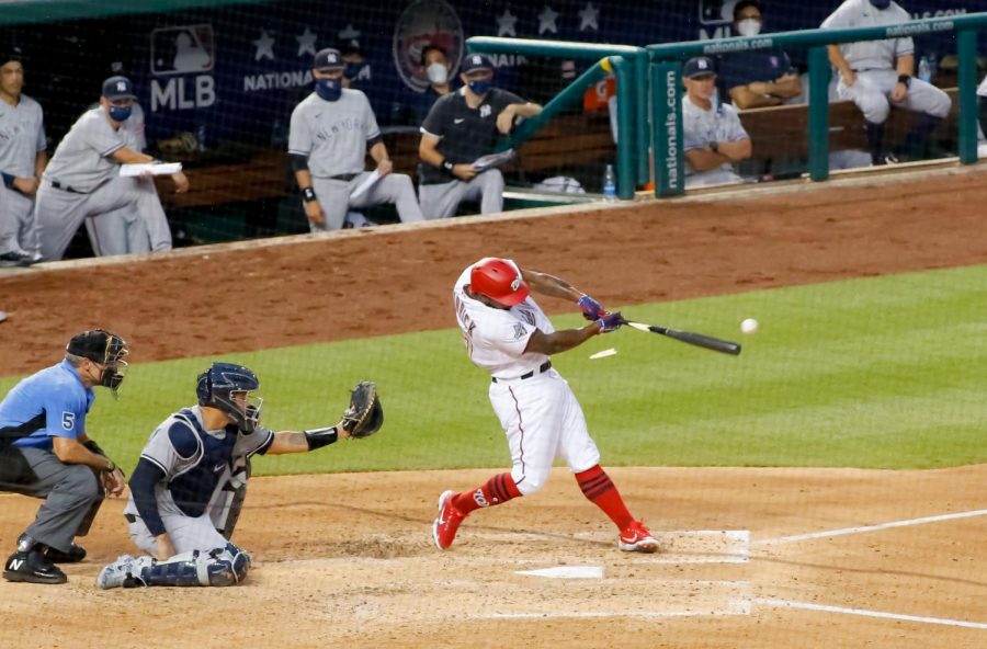 Washington Nationals infielder Howie Kendrick splinters his bat as he makes contact with the baseball against the New York Yankees on Opening Day. Despite a Hollywood ending in 2019, the Nationals were unable to capitalize on the success of being the reigning World Series Champions.