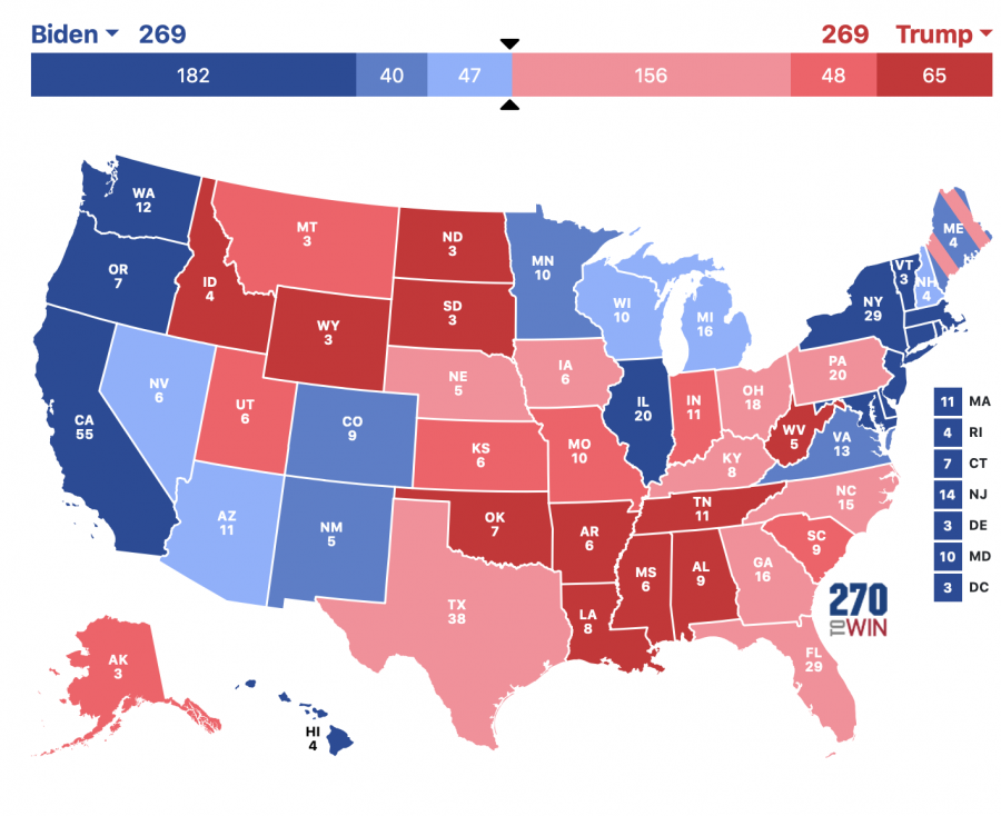 A+tied+electoral+map+shows+a+potential+result+that+could+cause+the+election+to+be+sent+to+the+US+House+of+Representatives.+An+electoral+college+tie+is+among+the+many+non-traditional+election+outcomes+that+could+occur+this+year.