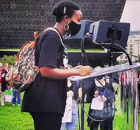 Sophomore Shiima Nantulya speaks to a crowd of BLM protesters at a march organized by Revolution Gen Z on Sept 26. Her speech addressed segregation in Montgomery County and police brutality against Black victims.