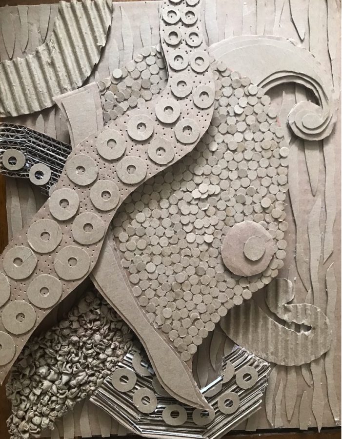 The assignment was to use cardboard and paper to create a multi layers piece was different textures. I made an octopus. I had a lot of fun thinking up textures, and using that to differentiate the different limbs, Gagne said.