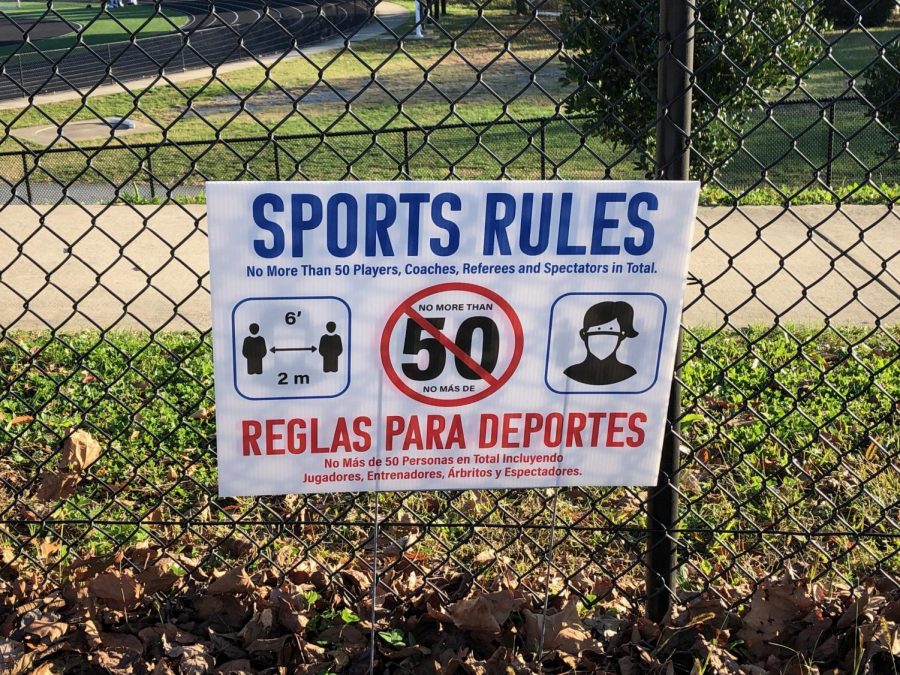 A+sign+near+the+entrance+to+Walter+Johnsons+football+field+displays+the+rules+for+users+on+Nov.+14.+Coronavirus+restrictions+in+Montgomery+County+have+tightened+recently+to+account+for+the+sharp+spike+in+confirmed+cases.