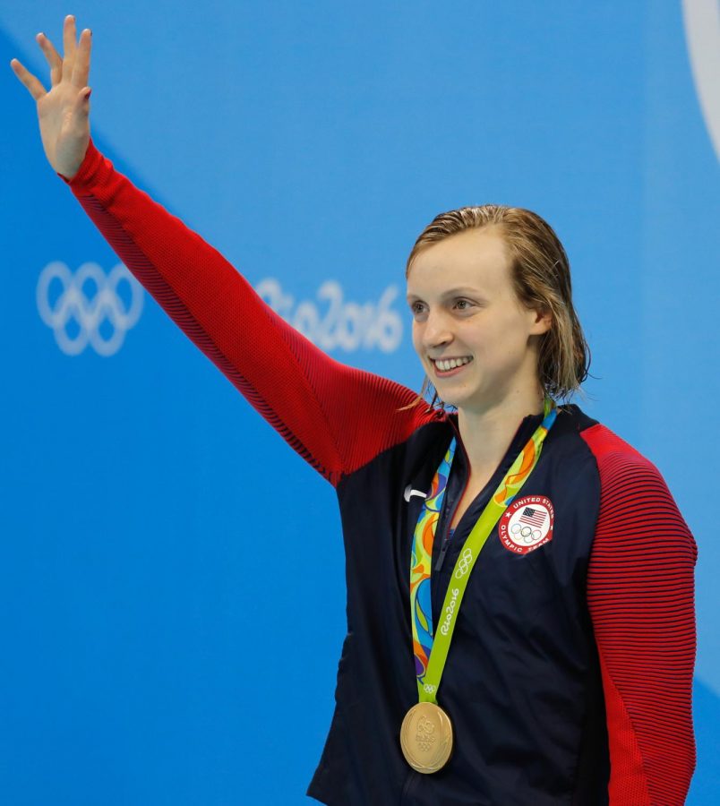 The+most+recognizable+athlete+to+ever+come+out+of+Montgomery+County+celebrates+on+the+podium+after+winning+a+gold+medal.+Katie+Ledecky+won+four+gold+medals+in+the+games.