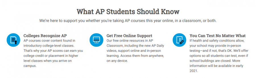 AP College Board offers free online support and resources for students taking AP classes online. This year and in past years students and teachers have used AP College Board to distribute and teach material for their classes.