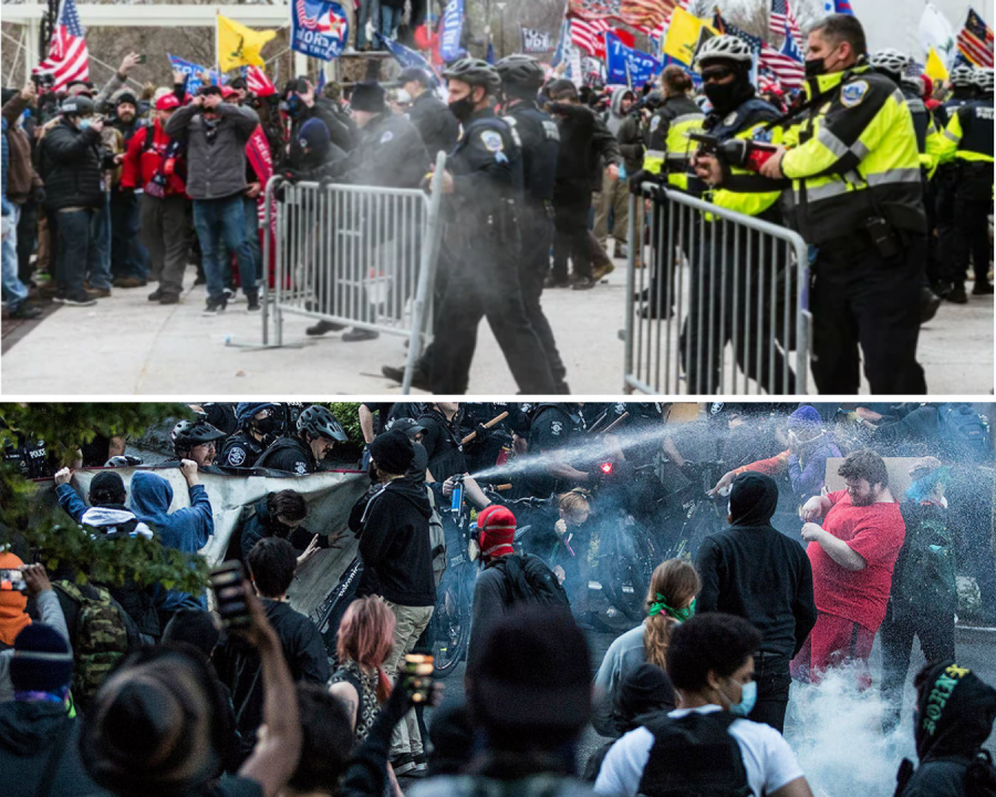 The difference of responses from the police to white supremacy vs. systemic racism became evident on Jan. 6. On the top, some police appeared to help rioters get into the Capitol, while on the bottom they tear-gassed BLM protesters.