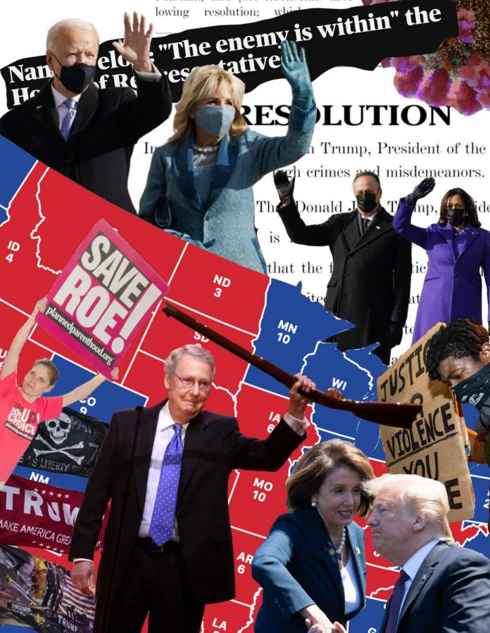 A+collage+illustrating+the+current+political+divisions+features+photos+of+President+Joe+Biden%2C+former+President+Donald+Trump+and+House+Speaker+Nancy+Pelosi%2C+among+others.+The+last+few+years+has+been+marked+by+particularly+high+levels+of+political+polarization.