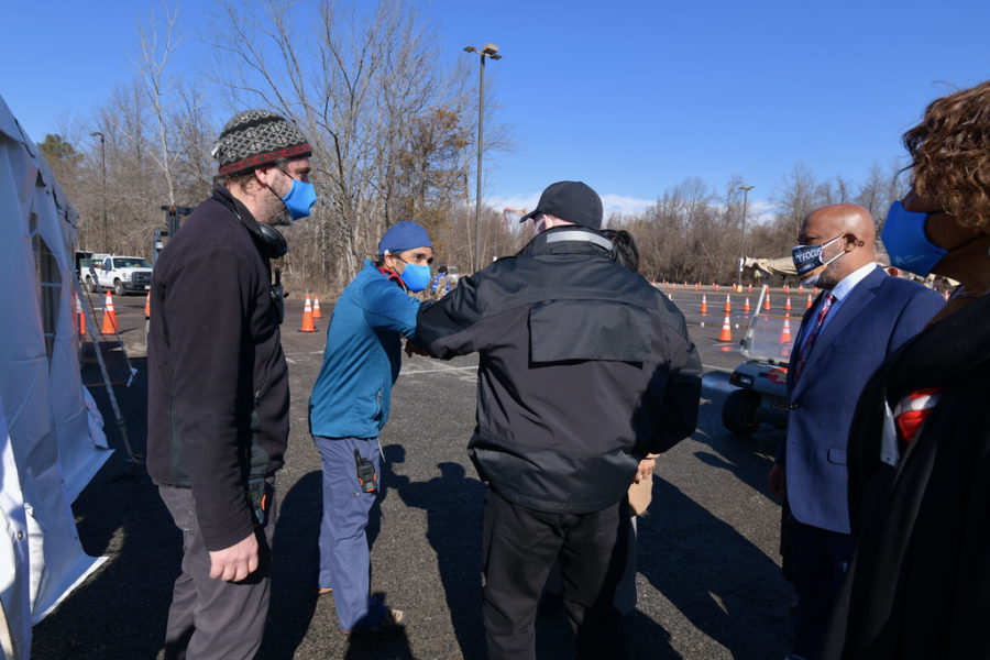 Maryland Governor Larry Hogan visits the mass COVID-19 vaccination site at Six Flags America, in Bowie on Feb. 5. Some WJ teachers have been able to get the vaccine at the site.