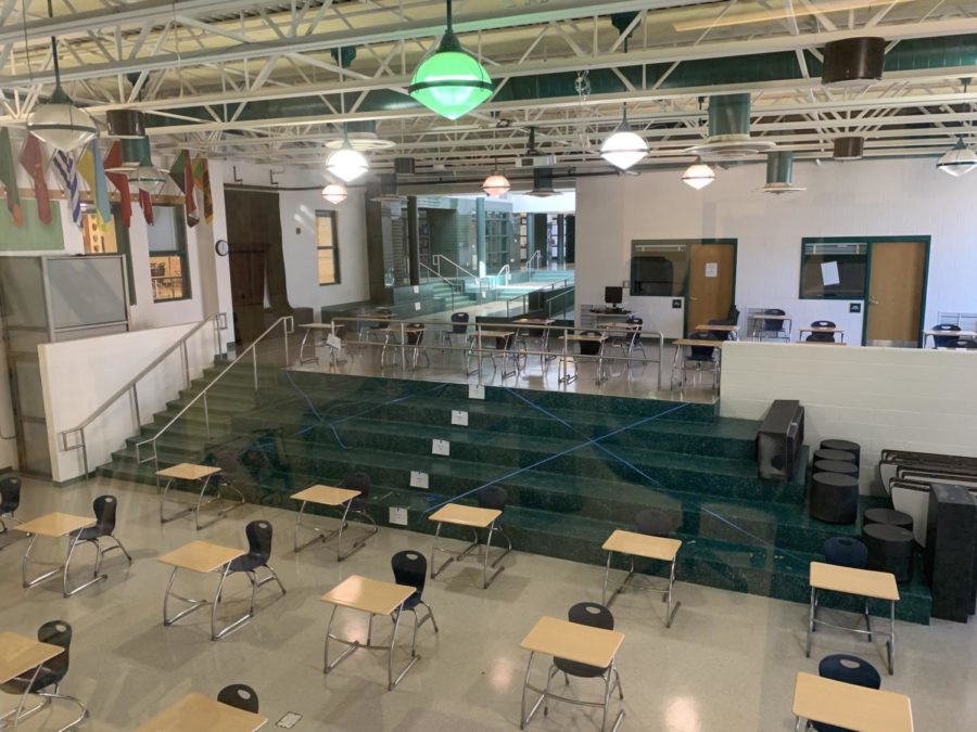 The student commons area has been rearranged and the stairs are now fenced off.