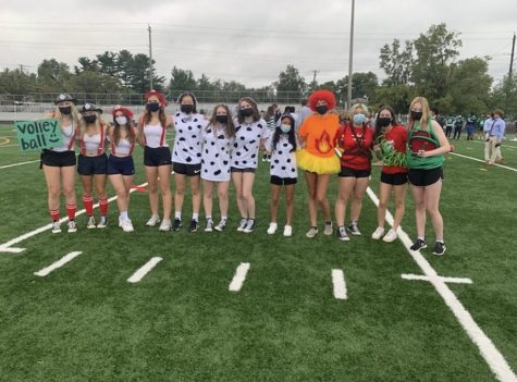 Varsity volleyball shows off their spirit at the fall pep rally. Team captains determined the spirit theme, and players really enjoyed dressing up to show their team pride.