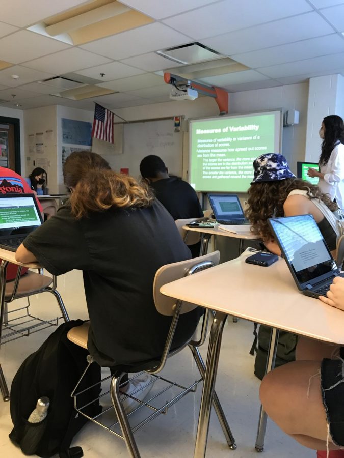 Social studies teacher Nicole McCarn teaches her second period AP Psychology class on Sept. 15.  Like many of her colleagues during the first week of school, McCarn offered her students a chance to write their pronouns and preferred name on a name cards on their desks. This was part of the MCPS push to provide transgender and nonbinary students an easier way to come out to teachers.