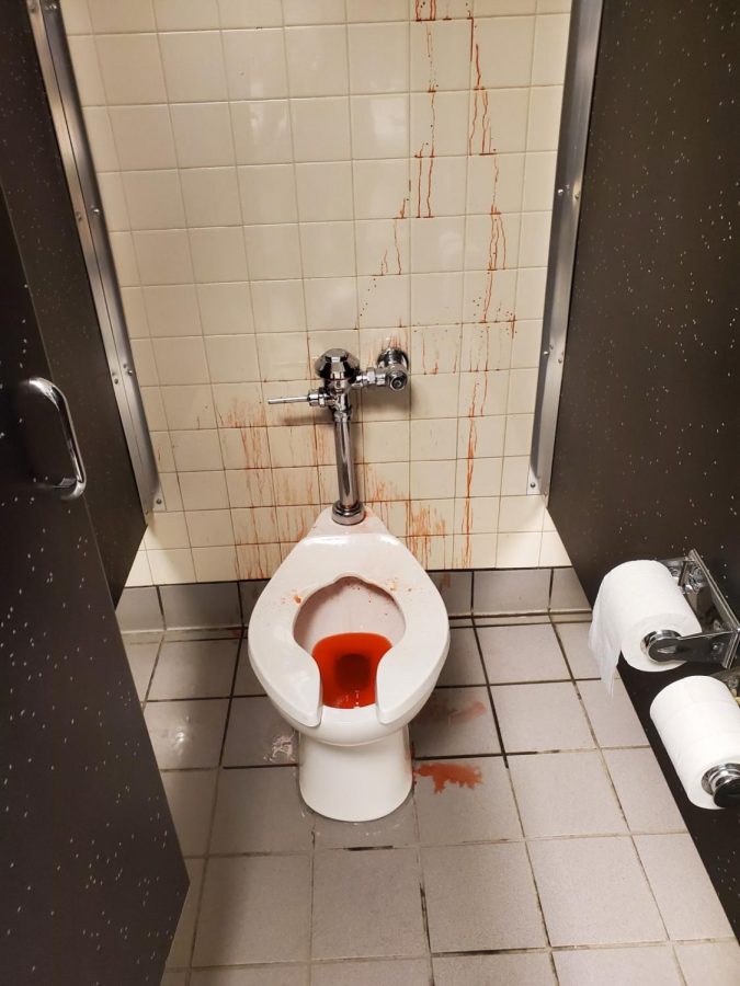 Kool-Aid on the walls in the stall as well. Students who found the bathroom is disarray expressed frustration during fifth period.