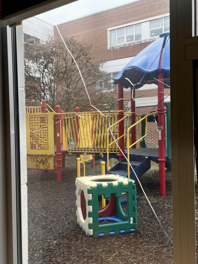 A shattered window overlooks the playground in the Child Development classroom. Problems like these have plagued different departments at WJ for years.