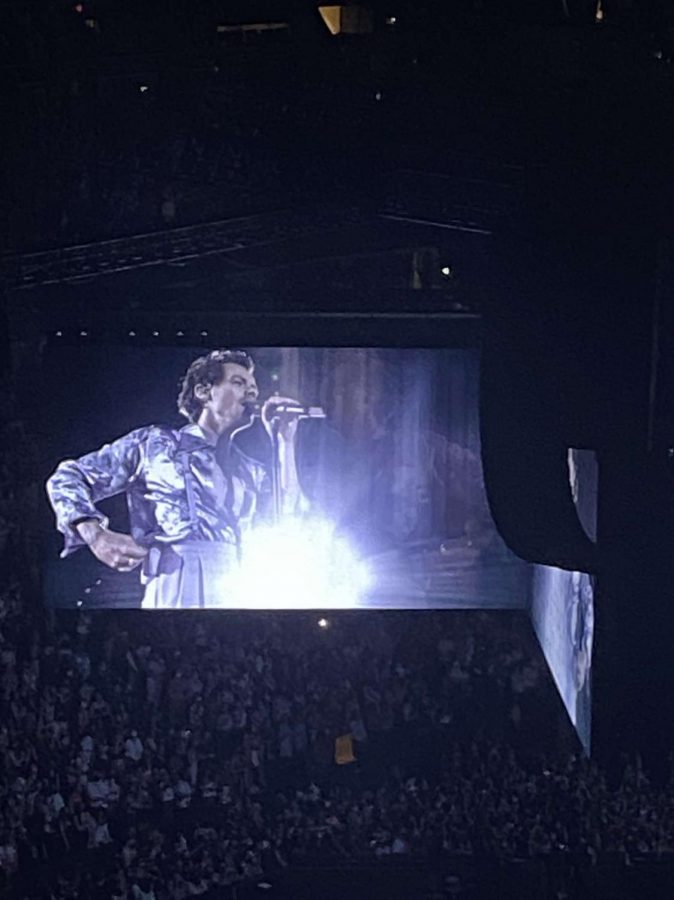 The spotlight shines on Harry as he takes the stage.The fans in the arena roared through their masks.