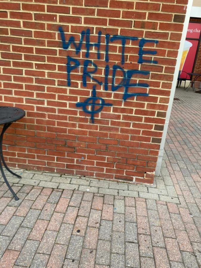 Georgetown Square was also vandalized, a white ‘pride’ spray painting over the wall where the Quartermaine Cafe was previously located.