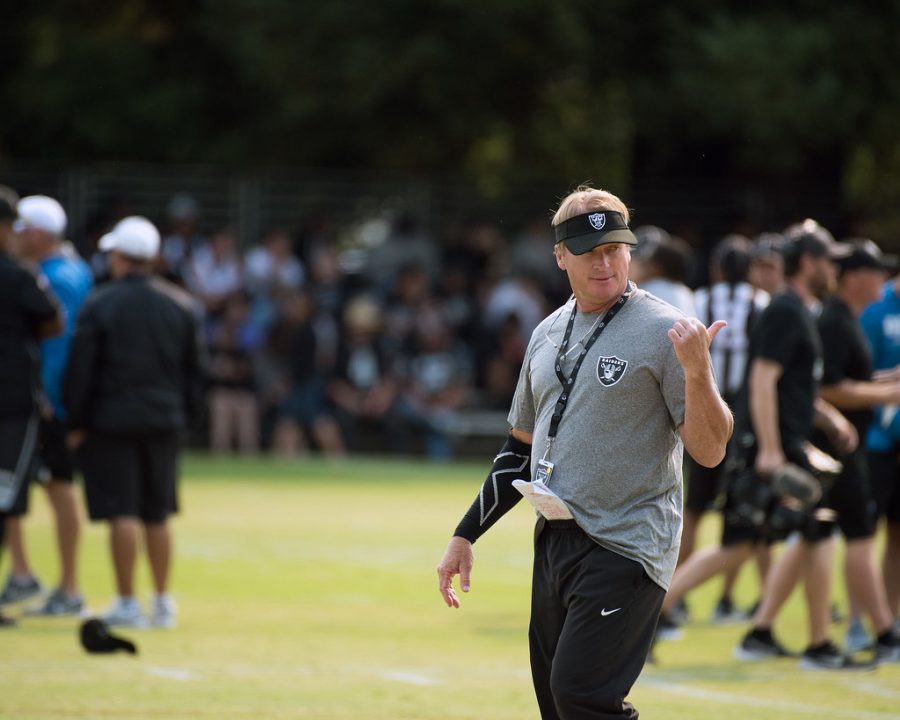 Former head coach Jon Gruden during a practice in his second stint with the Raiders organization. Earlier this month, Gruden resigned following the disclosure of his personal emails.