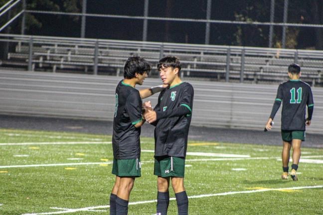 Senior captain Alejandro Linares shares a very emotional moment with teammate and long-time friend junior Thomas Poliseno. Thomas assisting my final WJ career goal was surreal. Ive loved sharing the field with him, Linares said.