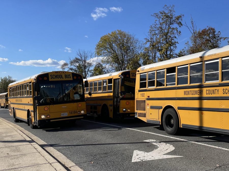 Buses drive students home after school on Wednesday, November 3. Countless students were unable to take these buses because their neighborhoods were excluded by MCPS policy.