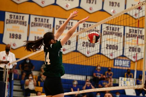 Junior Wendy Liu demonstrates her dominance on the volleyball court with a powerful block. This show of strength is what makes her one of premier players on the team.