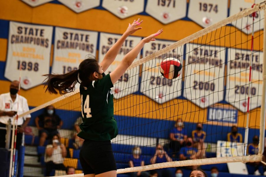 Junior Wendy Liu demonstrates her dominance on the volleyball court with a powerful block. This show of strength is what makes her one of premier players on the team.