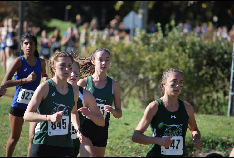 Seniors Amelia Burkhart, Isabelle Senfaute and Ellie Rogers run in the MCPS championships. This was the first county championship for cross country since the start of the pandemic.