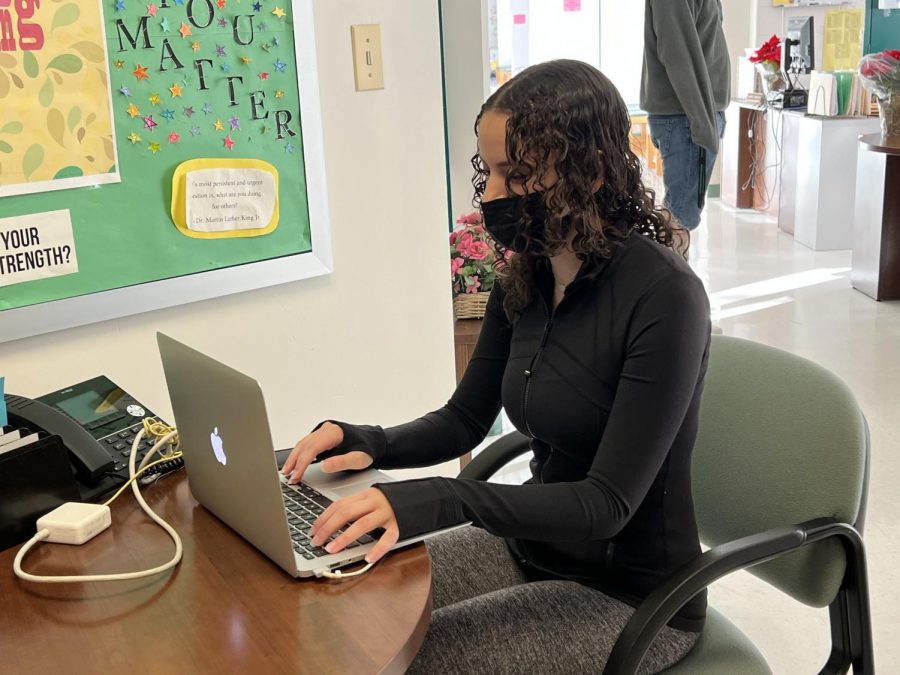 Senior Amelia Krucoff has ADHD and goes to the counselors office to work on school assignments. The counselors office is a safe space for students with ADHD.