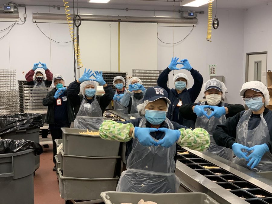 MCPS kitchen staff at the Montgomery County production facility spread the love as they produce huge quantities of food to be distributed to MCPS schools. Their work is quintessential to ensuring that all students are fed everyday.