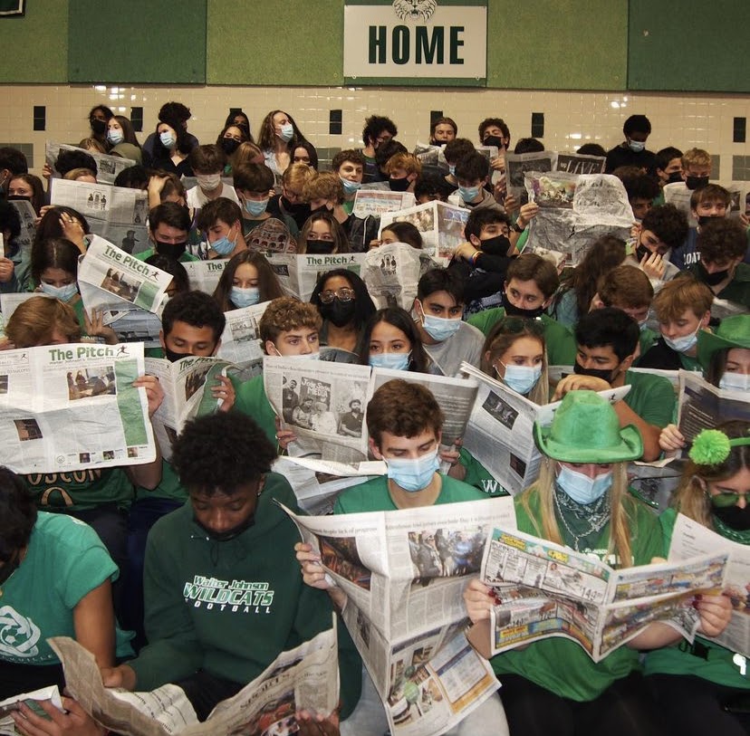 Walter Johnson students show their school spirit in a varsity basketball game against the Wooton Patriots. After recent Covid-caused rule changes, students are no longer able to attend sporting events.