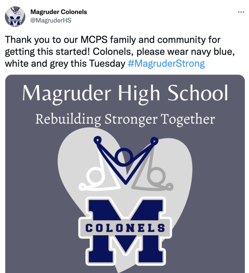 The+official+Magruder+HS+Twitter+page+thanks+fellow+MCPS+schools+for+their+messages+of+support.+There+has+been+an+outpouring+of+love+from+around+the+County+for+the+staff+and+students+at+Magruder+including+wearing+grey+and+blue+on+Tuesday%2C+January+25.