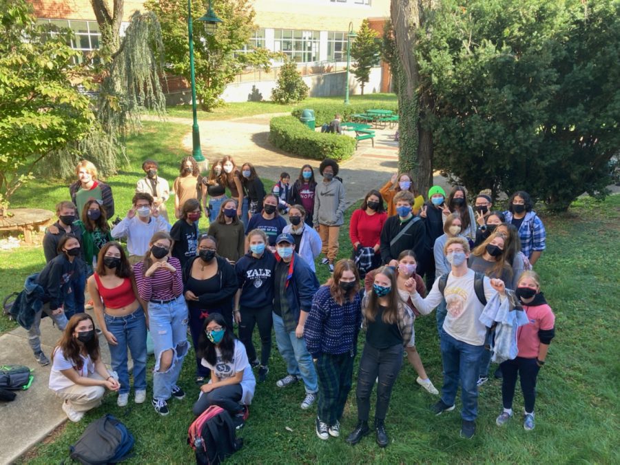 The GSA gathers outside in the courtyard for its first meeting.  The turnout was larger than expected so it had to be relocated outside.