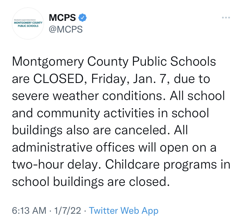 MCPSs official Twitter account announces the closing of schools at 6:13 in the morning. MCPS needs to start finalizing matters like these the night before, and not wait until the last minute.