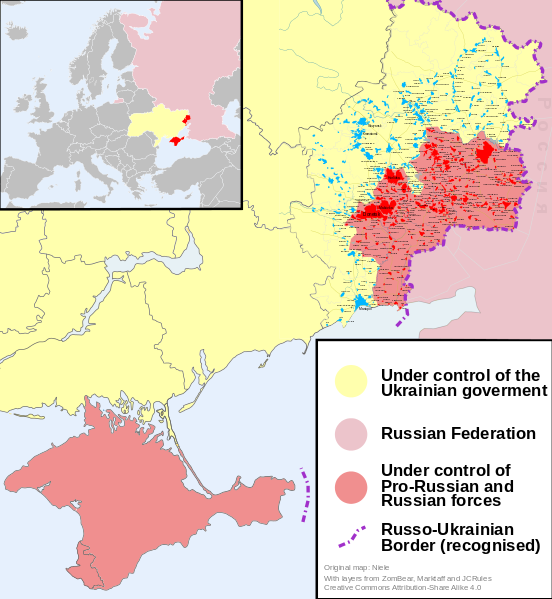Map of Russian occupied territories within Ukrainian borders, specifically the eastern section, to the right of the map, has been fought for decades.