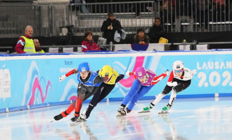 Zhang Chutong (CHN), Petra Rusnáková (SVK), Michelle Velzeboer (NED) and Florence Brunelle (CAN) compete in short track speed skating Final B at the 2020 Winter Youth Olympics in Lausanne. Chutong, Velzeboer and Brunelle are all competing in Beijing this year. 