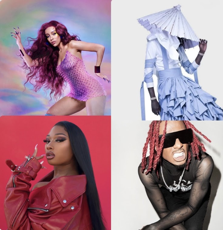 A collection of some of the biggest drivers of culture in the current music industry. Clockwise from left: Doja Cat, Young Thug, Playboi Carti and Megan Thee Stallion.