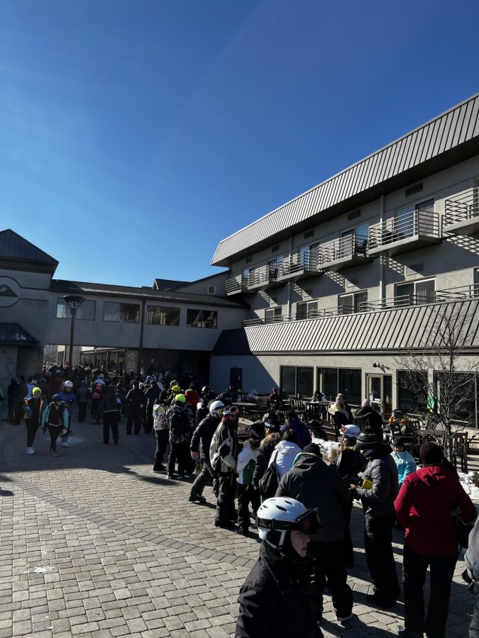 The line to rent gear at Liberty Mountain Resort. Despite declining conditions, demand continues to rise.