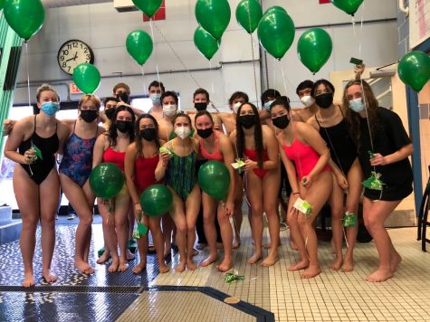 From left to right (top row): Seniors Nikos Natsvlishivili, Dennis Kalinin, Graham Rogers, Alex Wolfson, Lucas Meyers, Laith Tuma and (bottom row) seniors Mckenzie Ruszyck, Stina Drill, Lianna Rosman, Hanna Juhasz, Ellie, Hanna Bingley, Gaby Betancourt, Samantha Dionne, Amber Ahyick-Wong, Shai Eliyahu post after their senior meet on Saturday, January 29th.