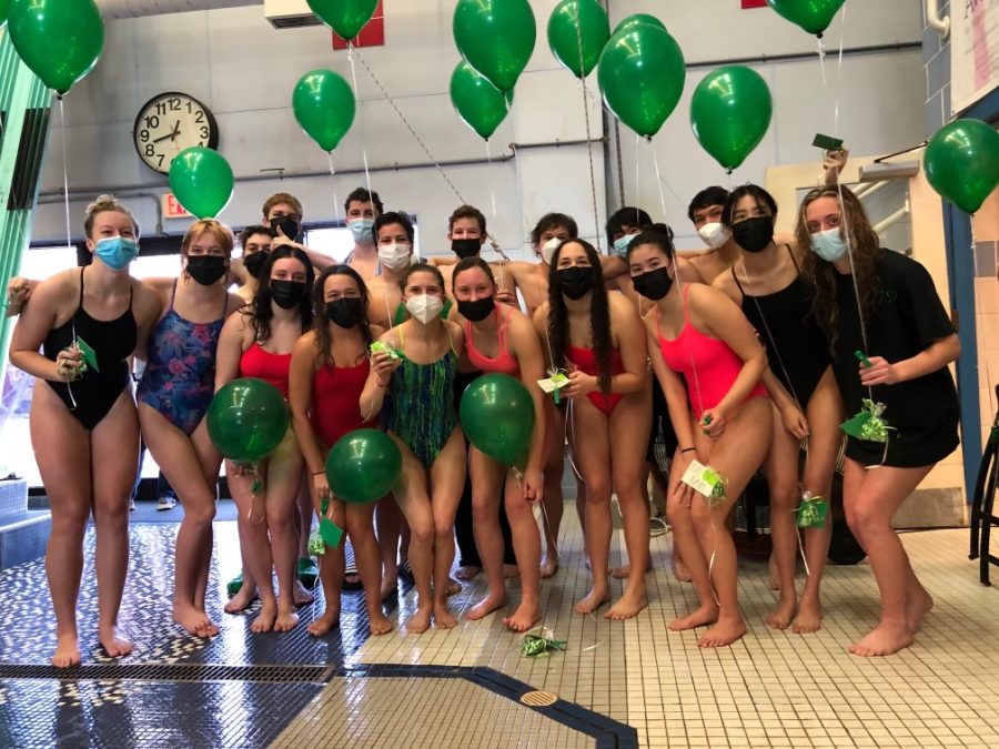 From left to right (top row): Seniors Nikos Natsvlishivili, Dennis Kalinin, Graham Rogers, Alex Wolfson, Lucas Meyers, Laith Tuma and (bottom row) seniors Mckenzie Ruszyck, Stina Drill, Lianna Rosman, Hanna Juhasz, Ellie, Hanna Bingley, Gaby Betancourt, Samantha Dionne, Amber Ahyick-Wong, Shai Eliyahu post after their senior meet on Saturday, January 29th.