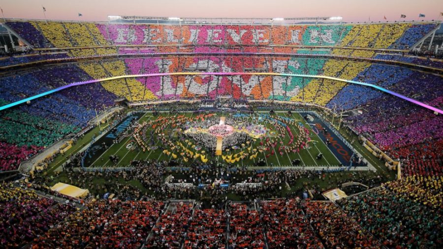 Coldplay, Beyonce and Bruno Mars perform during the SB 50 halftime show on Feb. 7, 2016 
in Santa Clara, California