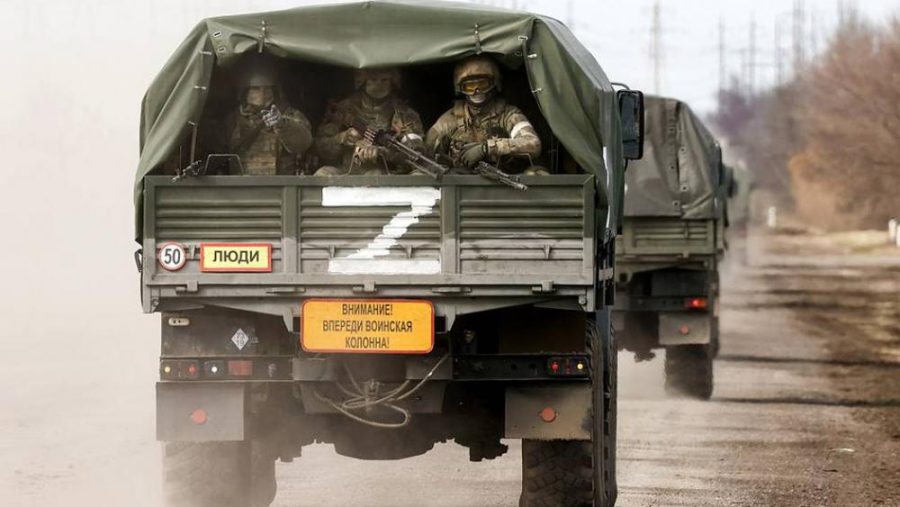 Russian Military convoy displays a Z on the back of their truck, meaning Za pobedy (for victory), or Zapad (West). This symbol emerged days before the invasion started and has been seen all over Ukraine now.