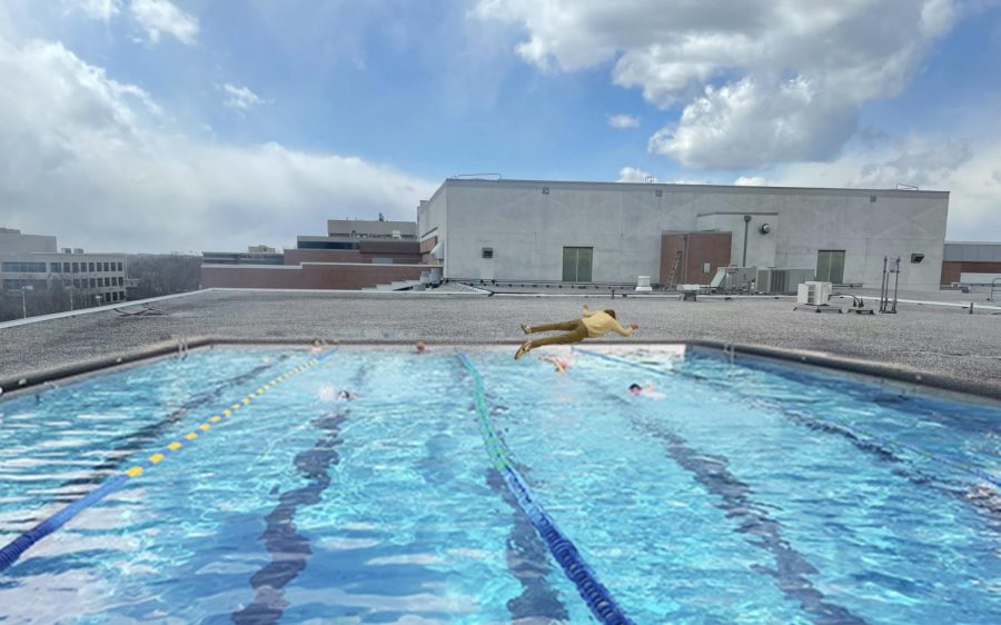 WJs rooftop pool stands serenely near-empty, with most students having exited to take a brief break. Senior Hunter Hicks can be seen attempting to drag himself out of the water in the back as he drowns.