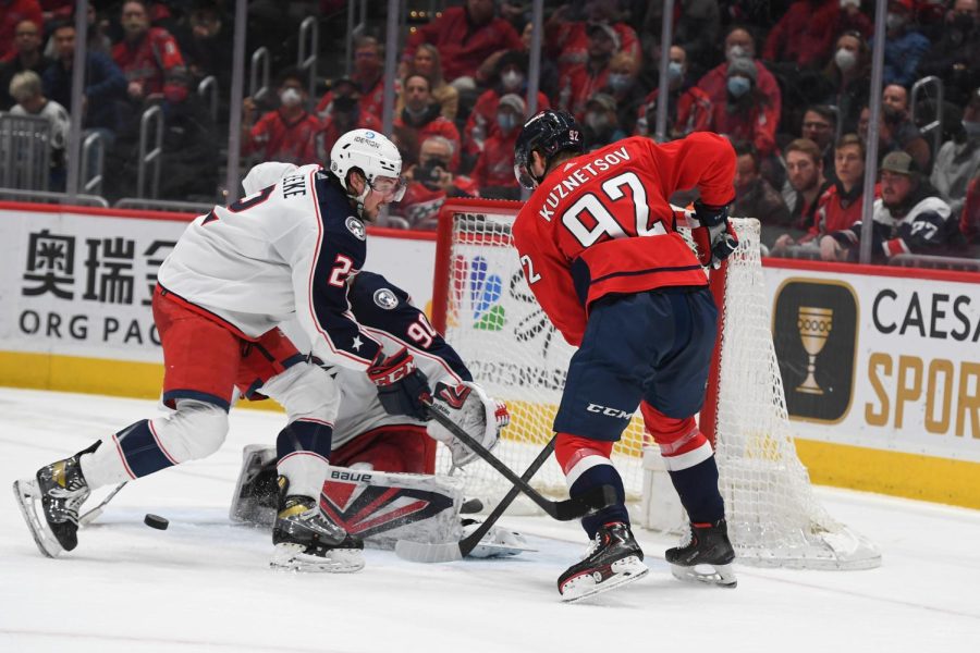 Washington Capitals player Evgeny Kuznetsov stands by the net. Kuznetsov has been a centerpiece this year for the Capitals, and for a large time in his career played on a line with new acquisition Marcus Johasson.