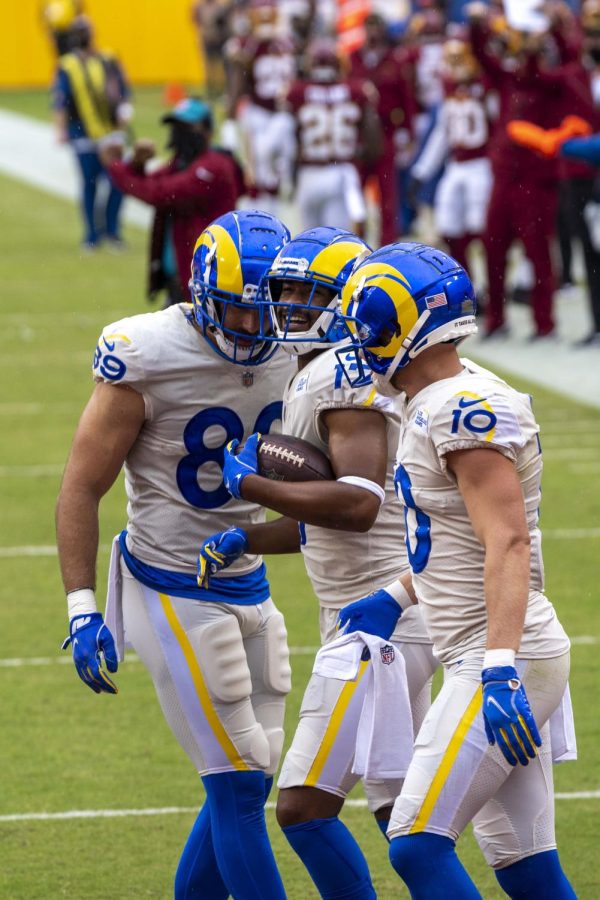 Cooper Kupp celebrates with his teammates after a big play. Kupp went on to have 5 catches for 66 yards as the Los Angeles Rams beat Washington Football Team 30-10