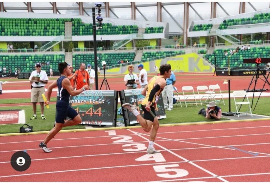 Senior Lucas Boiteux races for the finish line in the 4x100m event at the 2021 Outdoor Nationals at Hayward Field. Boiteux and his relay members finished in 11th place for this event.