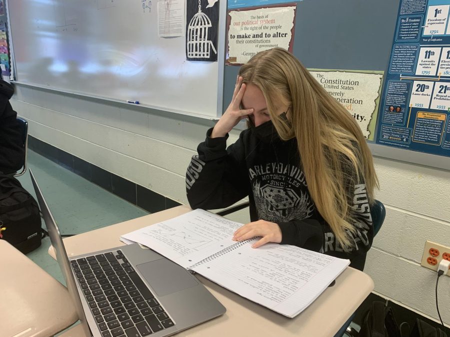 Senior Caroline Dooren stresses over coming back to in person classes her last year of high school. She is studying for an economics test that she has been working really hard to receive an A.