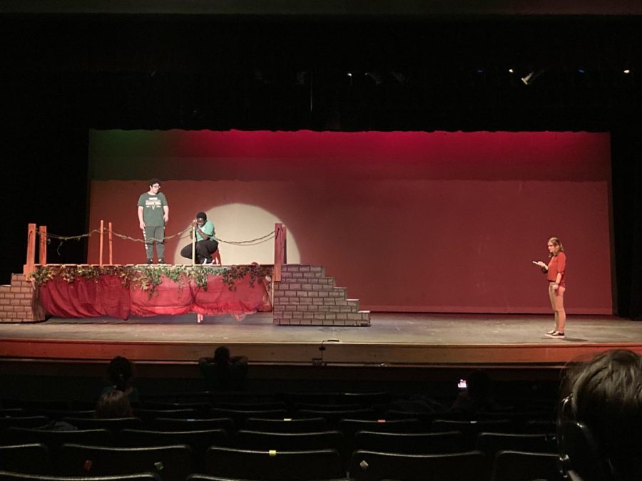 Juniors Andy Levin and Bryan Kibet, actors for Shrek and Donkey, practice on stage while technical director, Taryn Armstrong, takes notes. Practicing with sets helps establish cues on when they should appear.