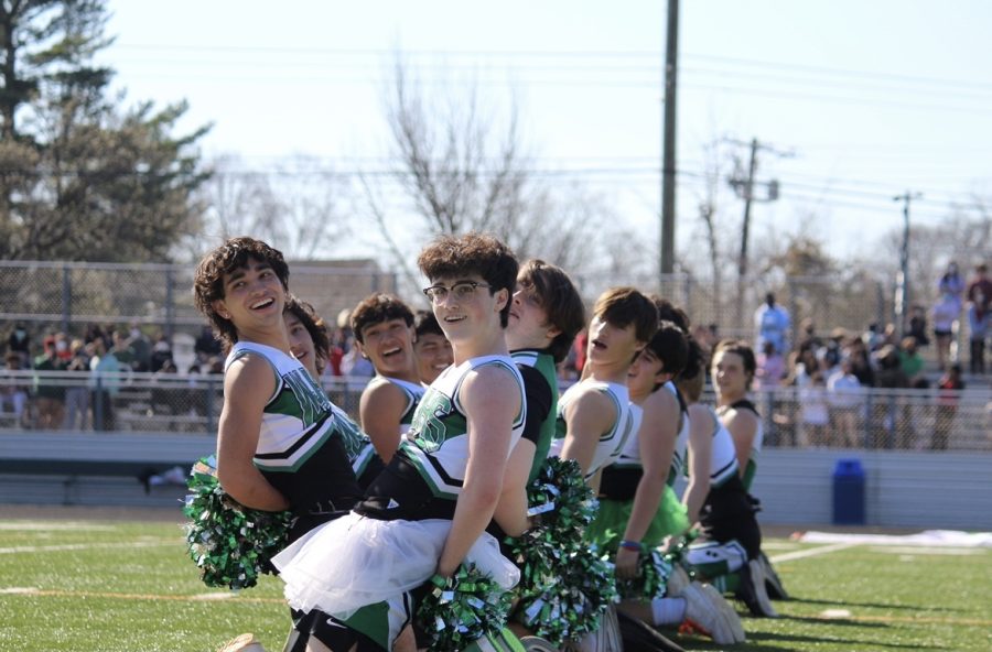 Led in front by seniors David Bowers and Gabriel Manzano, the male poms team leans backward during their performance. This part of the routine was something many have seen during the football games by the female poms team, so it resulted in many cheers and screams from the crowd.