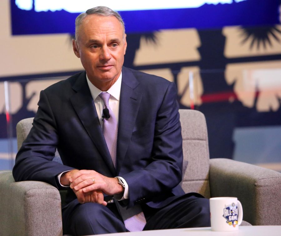 Commissioner Rob Manfred sits for an All-Star Game interview. Last week, Manfred and MLB came to terms with the players union on a collective bargaining agreement that will aim to ban shifts along with implementing pitch clocks and larger bases.