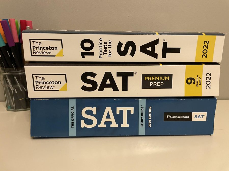 Study books similar to those seen here, pile up on students desks as the SAT gets closer. Many of these books come packed with full length practice tests which are a great study method for some.