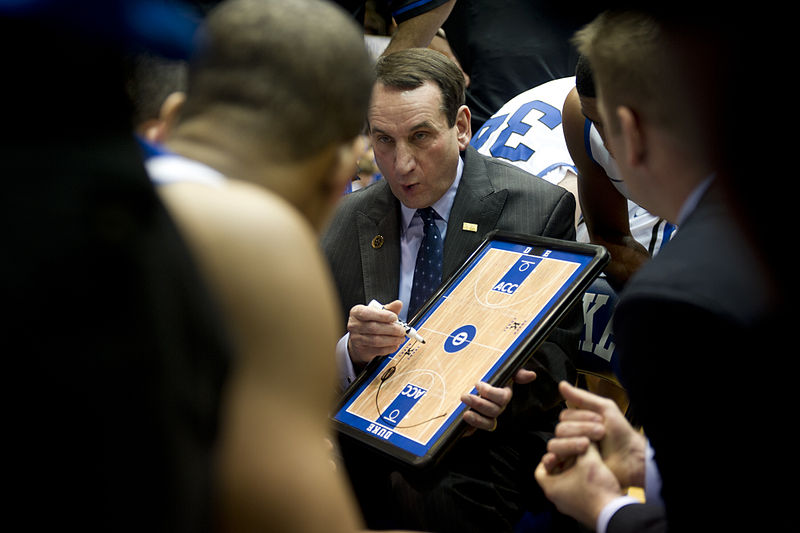 Duke+coach+Mike+Krzyzewski+draws+up+a+play+for+his+team+during+a+timeout.+Duke+went+on+to+win+61-58+against+Virginia.