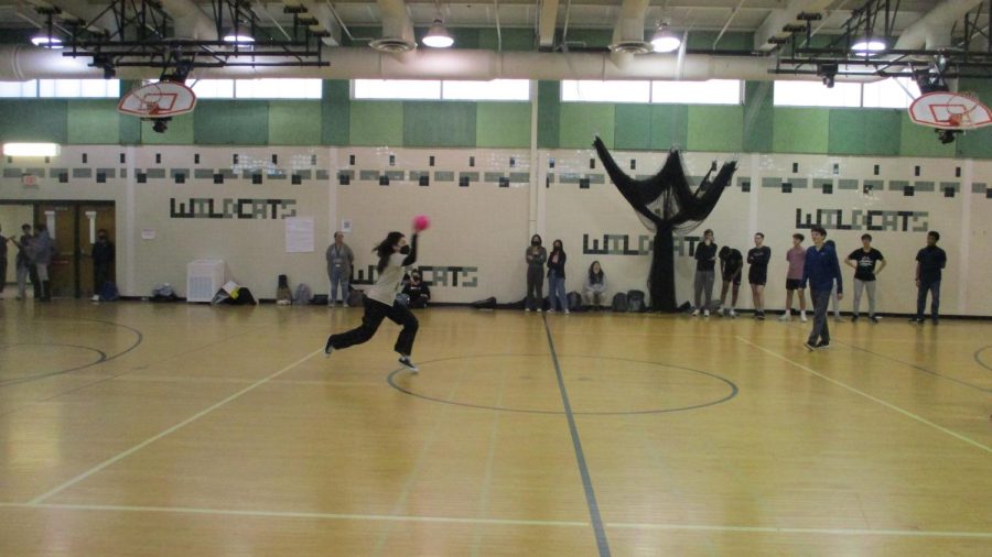 Sophomore Leila Chidiac charging alone at the the opposing team. At the end of the tournament, students played a free for all game.